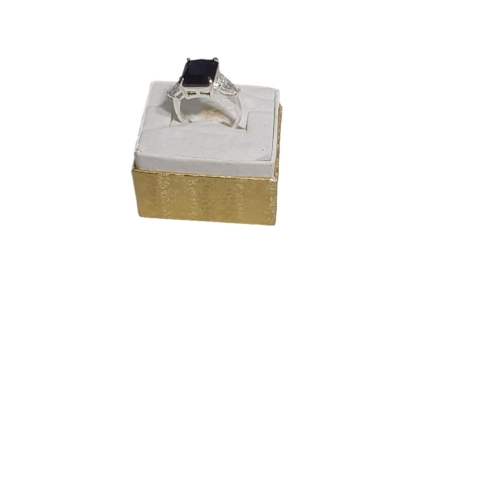 ROYAL BLUE SAPPHIRE SQUARE CUT‎ W/ PEAR SHAPED DIAMOND RING SIZE 7.5